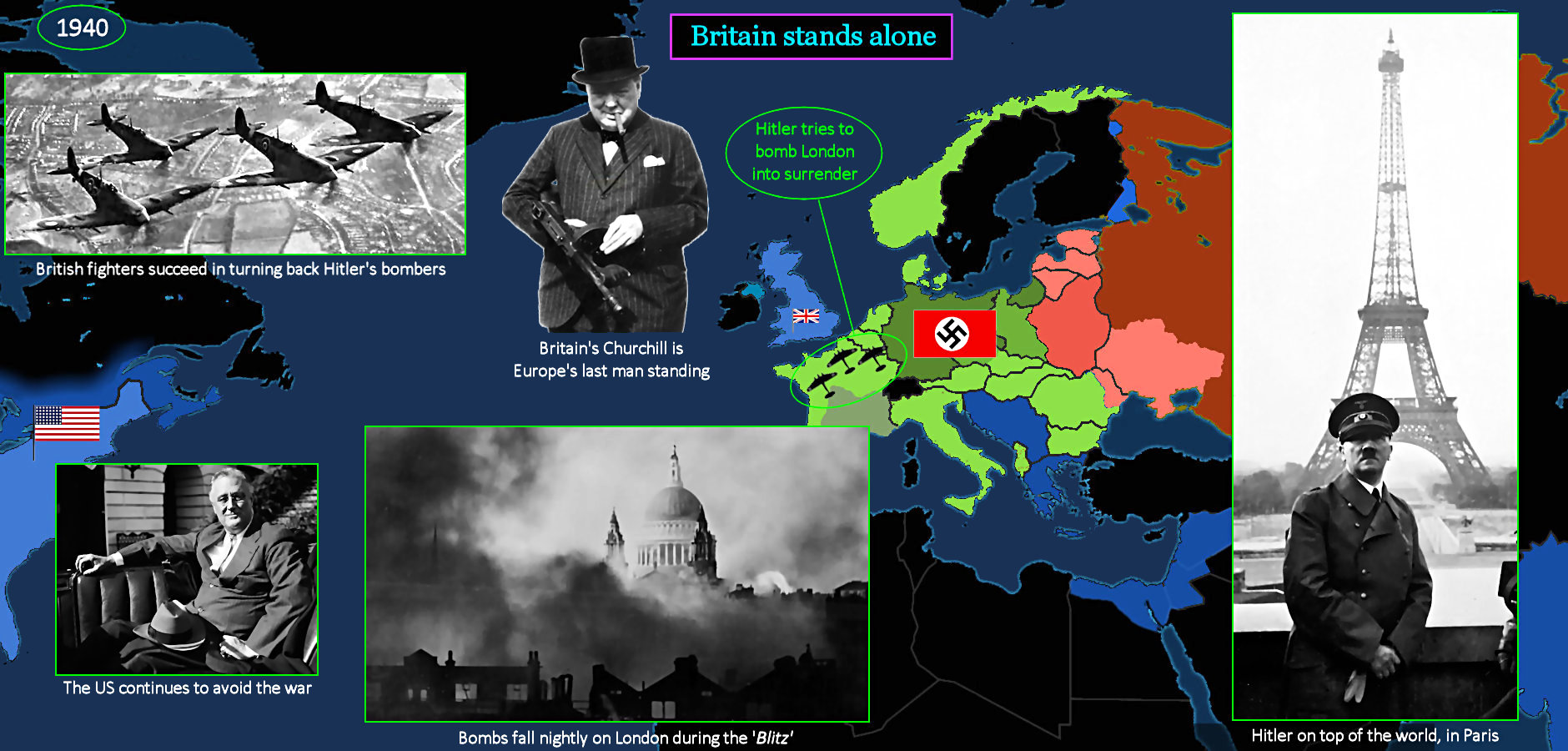 Hitler in Paris, Britain isolated, 1940 map